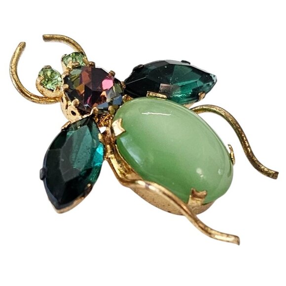 Austria Green Rhinestone Bug Brooch Pin, Uranium Glass, Domed Cabochon Pin, J32 - Picture 3 of 7